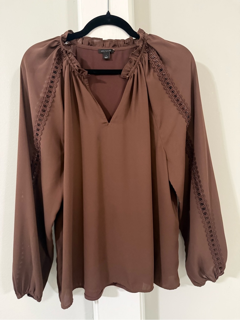 Ann Taylor Brown Lace-Trim Mixed Modal Peasant Blouse